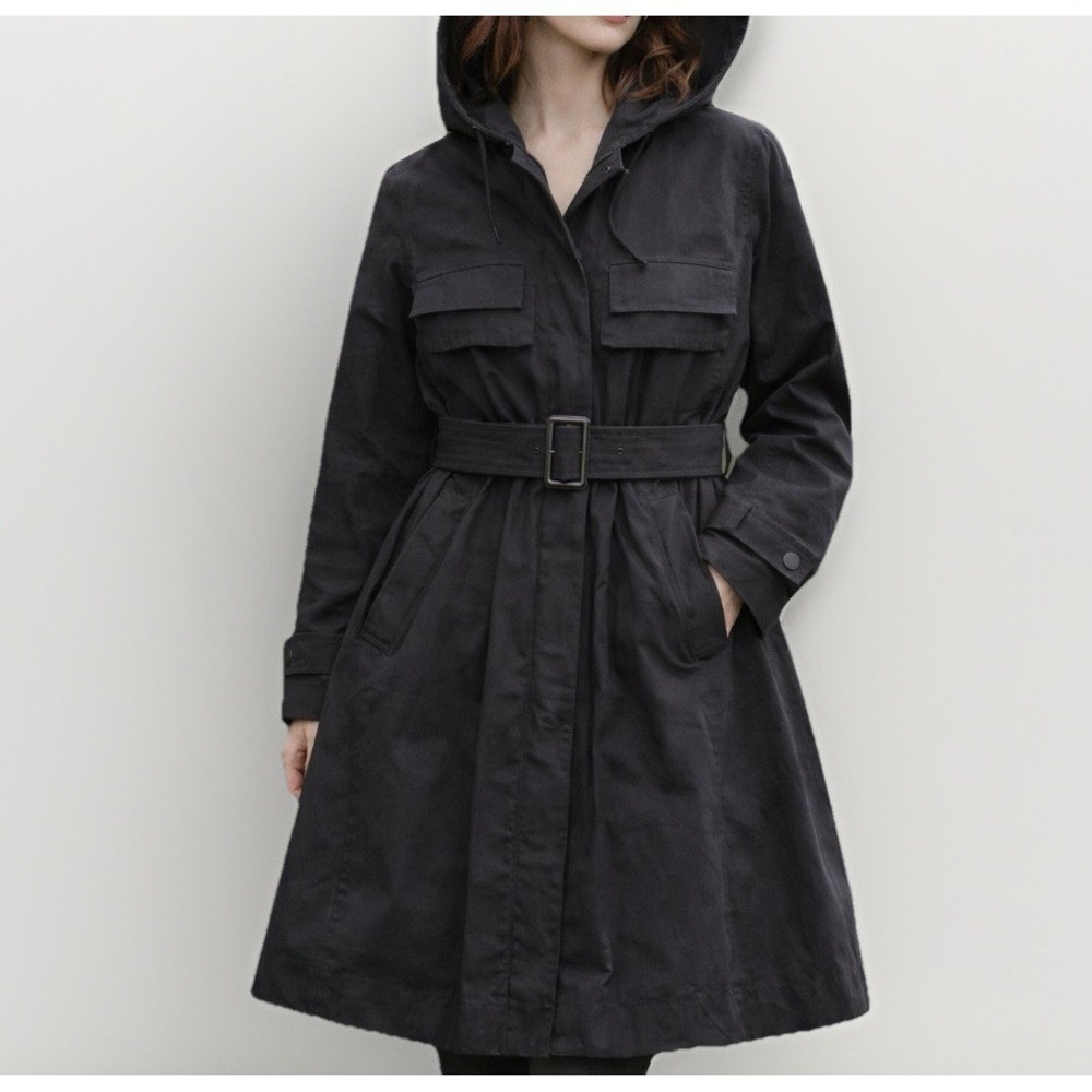 Karl Lagerfeld Paris Hooded Trench Coat Womens 10 M Black Belted Utility A-Line